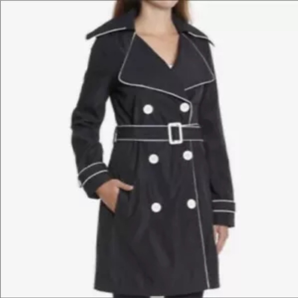 Vertigo Retro Style Belted Piping Detail Trench Coat in Black White Size Medium